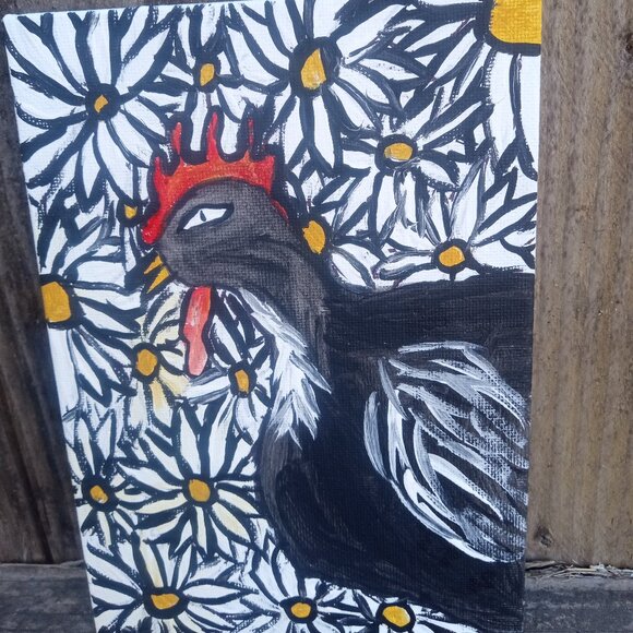 Chicken In The Daisies Painting Original Painting Folk Art - Picture 4 of 5